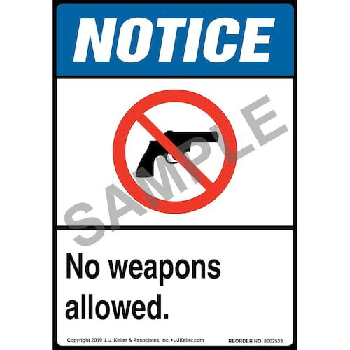 Notice: No Weapons Allowed Label with Icon - ANSI, Long Format (015671)