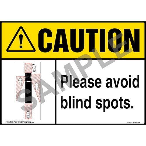 Caution: Please Avoid Blind Spots Sign with Icon - ANSI (015874)