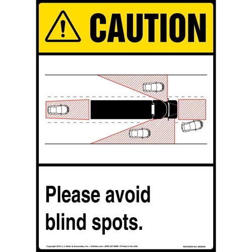 Caution Please Avoid Blind Spots Sign with Icon ANSI, Long Format