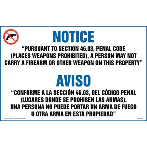 Texas: Prohibit Carry of Firearm or Other Weapon on Property Sign (46.03) (Bilingual) (018412)