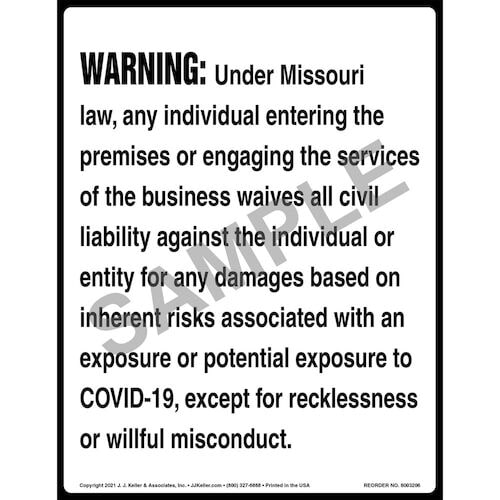 Missouri: Business' Protection from COVID Lawsuits Sign (537.1005) (018413)