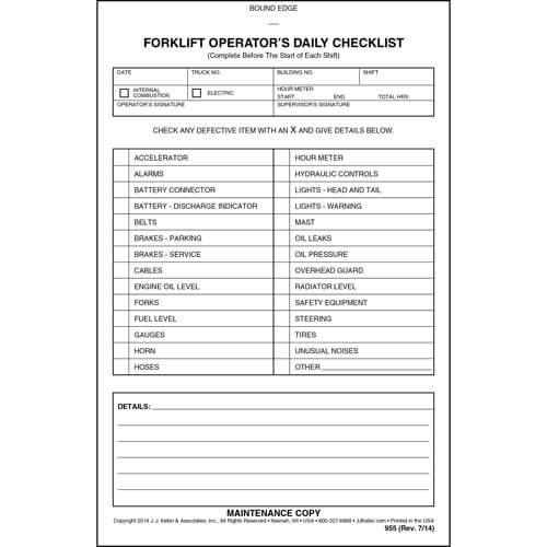 Forklift Operator Daily Checklist Book Format w/ Carbon