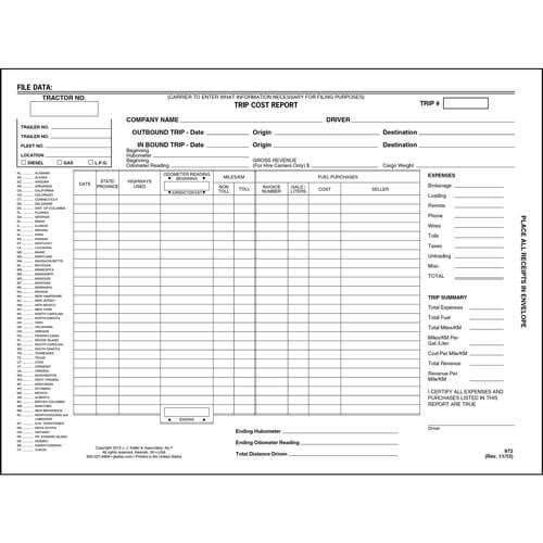 Trip Envelopes, Trip Expense Reports, Bill of Ladings, Driver Logs, DVIR  Forms