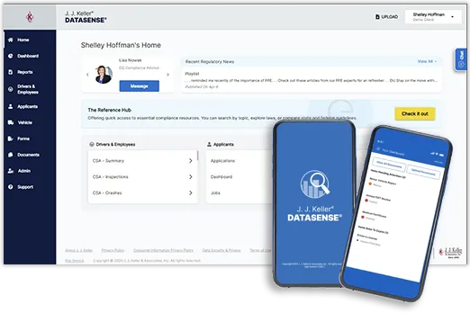DataSense platform dashboard and mobile app for managing driver qualification files, documents, forms, and compliance activities.